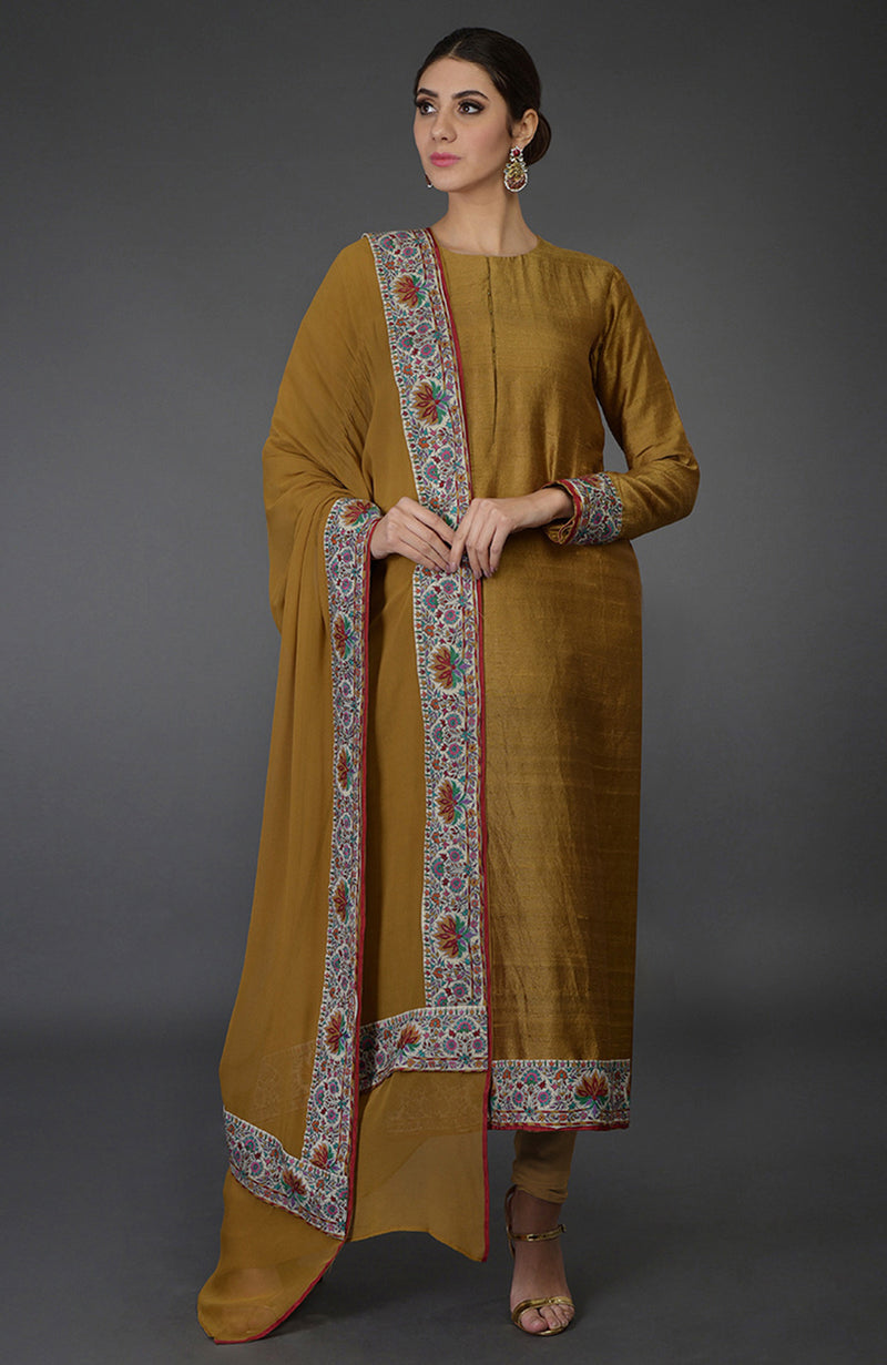 Dark Mustard Kashmiri Kashidakari Hand Embroidered Pure Raw Silk Suit