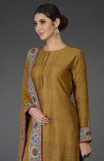 Dark Mustard Kashmiri Kashidakari Hand Embroidered Pure Raw Silk Suit