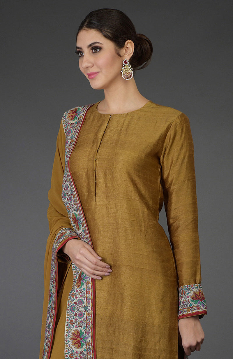 Dark Mustard Kashmiri Kashidakari Hand Embroidered Pure Raw Silk Suit