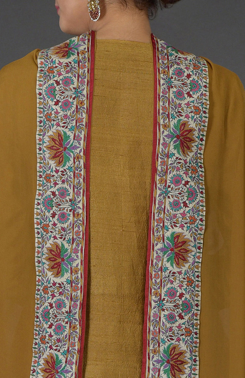 Dark Mustard Kashmiri Kashidakari Hand Embroidered Pure Raw Silk Suit