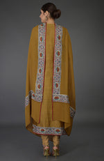 Dark Mustard Kashmiri Kashidakari Hand Embroidered Pure Raw Silk Suit