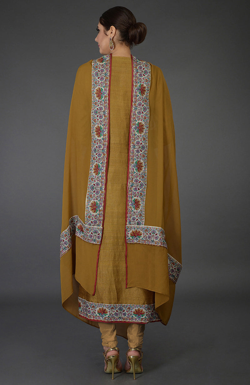 Dark Mustard Kashmiri Kashidakari Hand Embroidered Pure Raw Silk Suit
