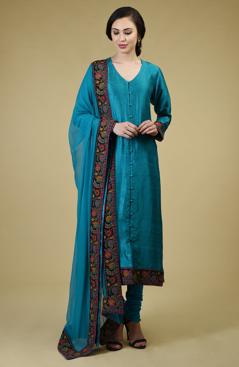 Teal Blue Kashmiri Kashidakari Hand Embroidered Suit