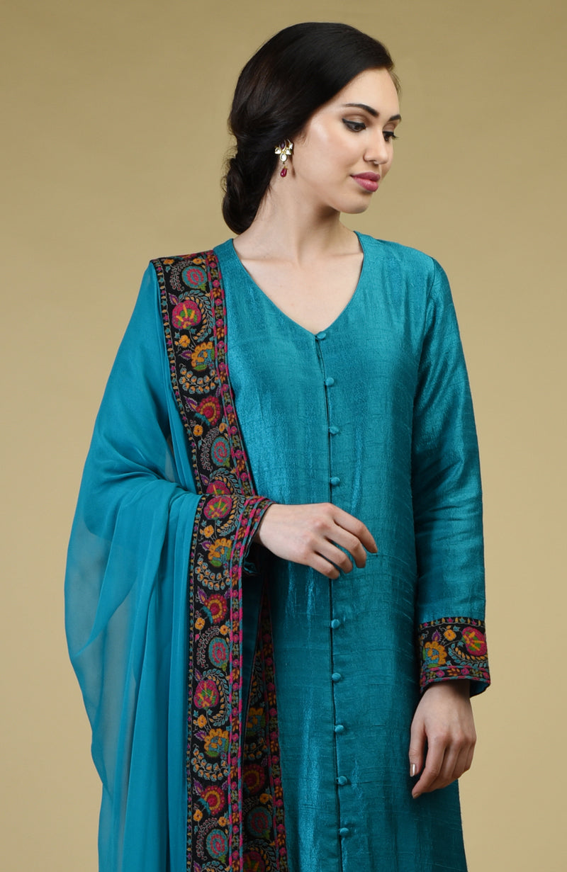 Teal Blue Kashmiri Kashidakari Hand Embroidered Suit