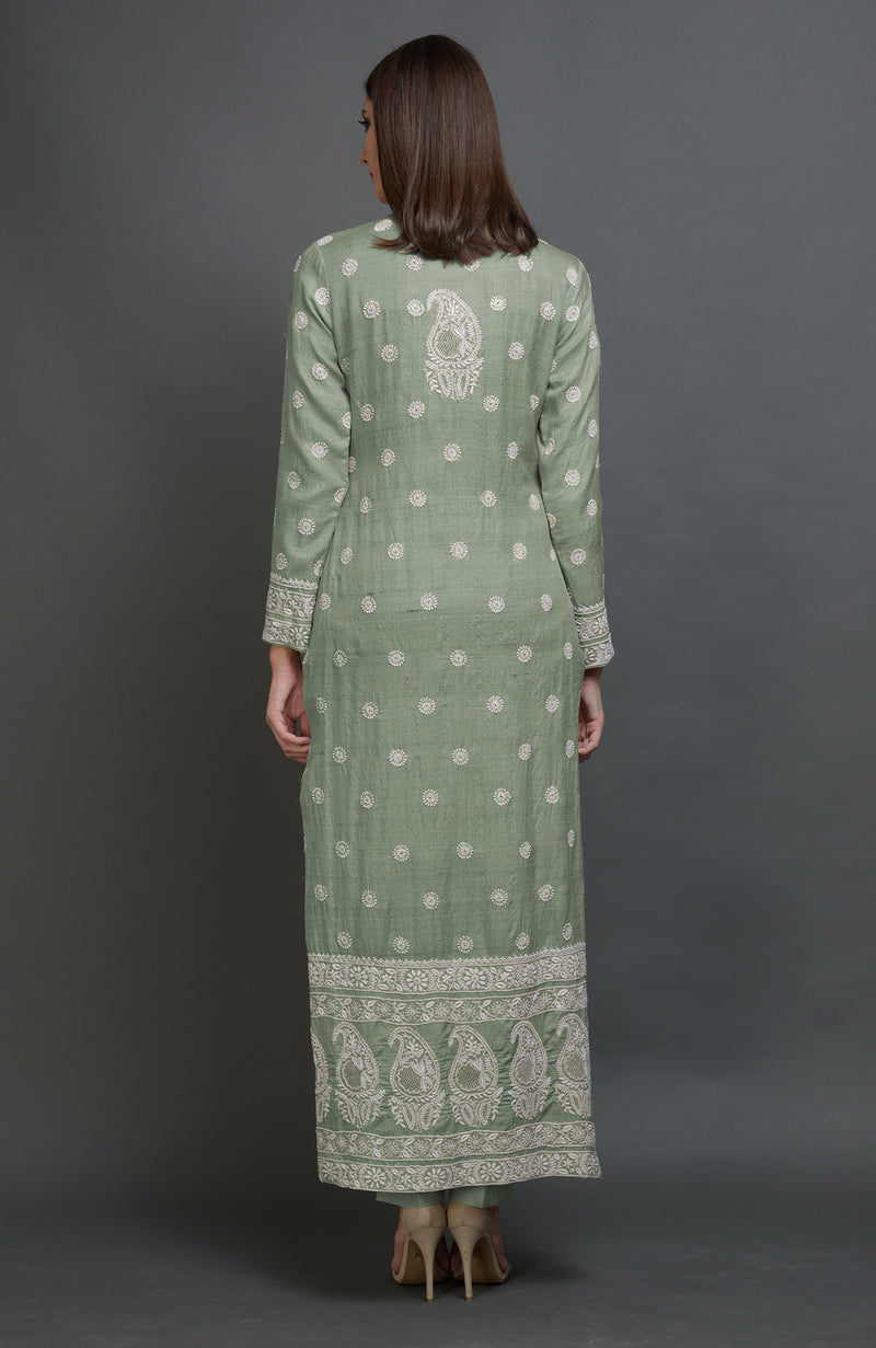 Desert Sage Chikankari Embroidered Jacket Suit