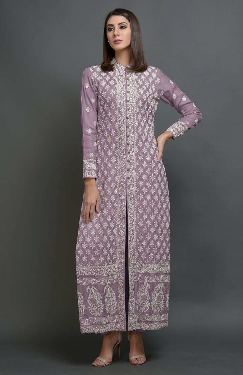 Elderberry Chikankari Embroidered Jacket Suit