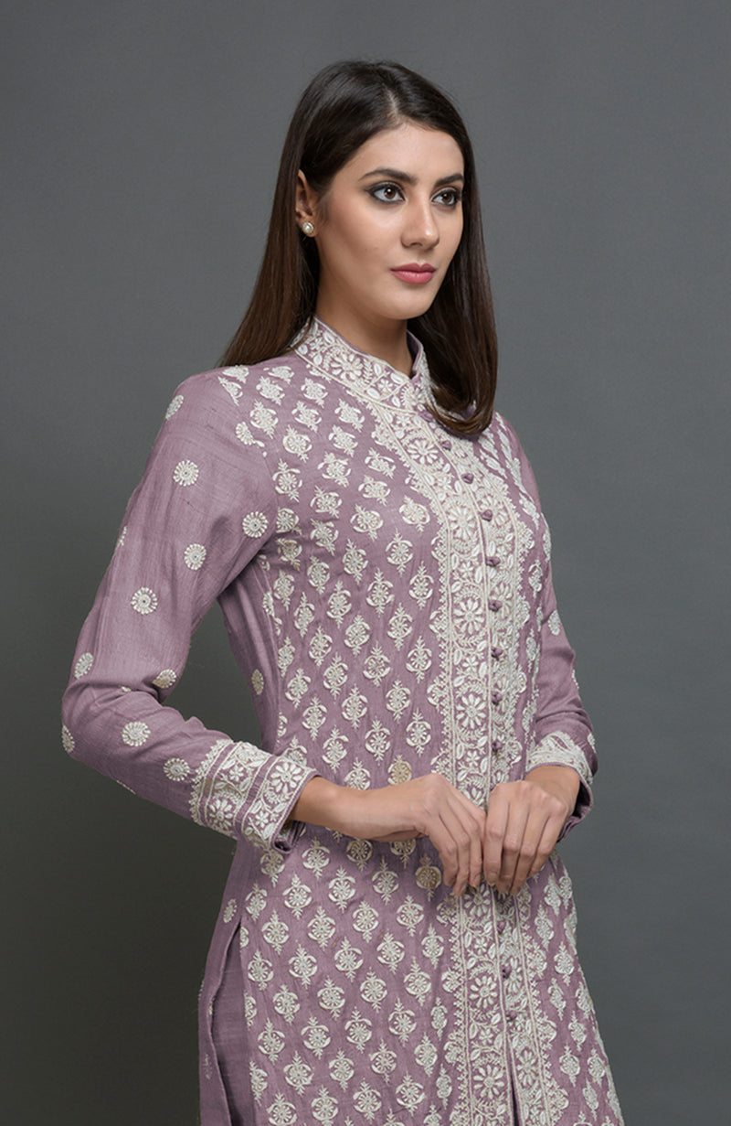 Elderberry Chikankari Embroidered Jacket Suit
