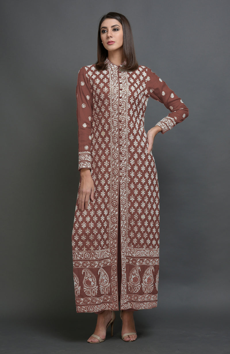 Martini Olive Chikankari Embroidered Jacket Suit