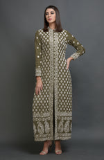 Martini Olive Chikankari Embroidered Jacket Suit