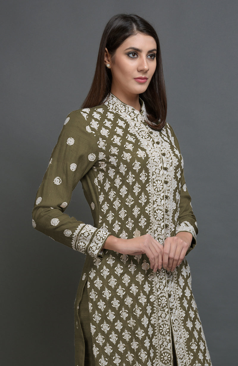 Martini Olive Chikankari Embroidered Jacket Suit