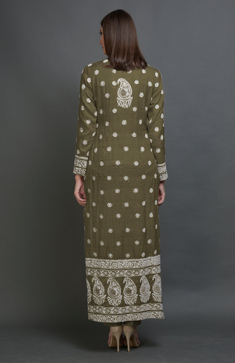 Martini Olive Chikankari Embroidered Jacket Suit