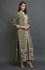 Martini Olive Chikankari Embroidered Jacket Suit