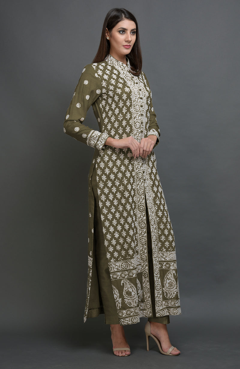 Martini Olive Chikankari Embroidered Jacket Suit