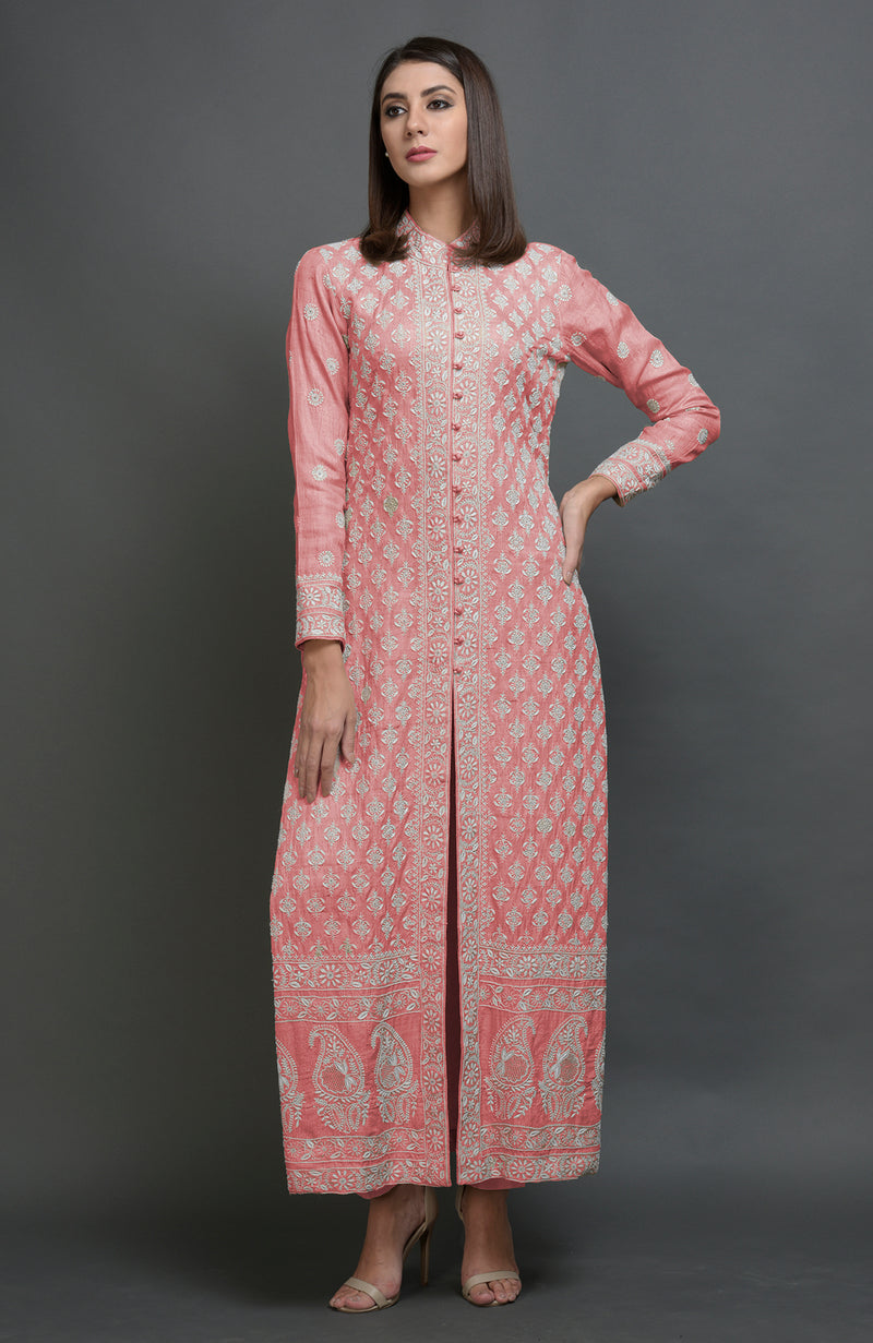 Martini Olive Chikankari Embroidered Jacket Suit