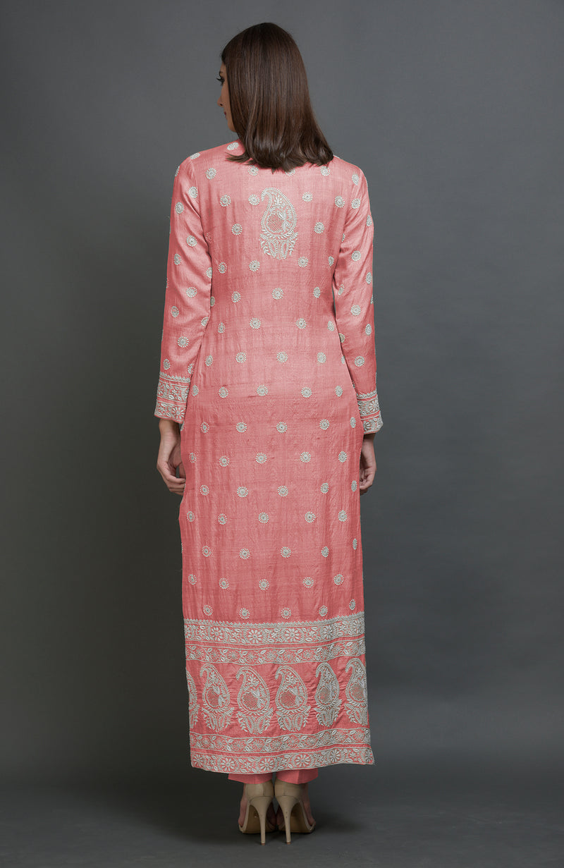 Rose Tan Chikankari Embroidered Jacket Suit