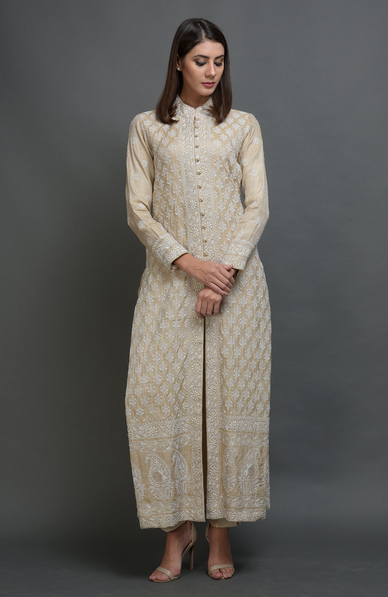 Champagne Beige Chikankari Embroidered Jacket Suit