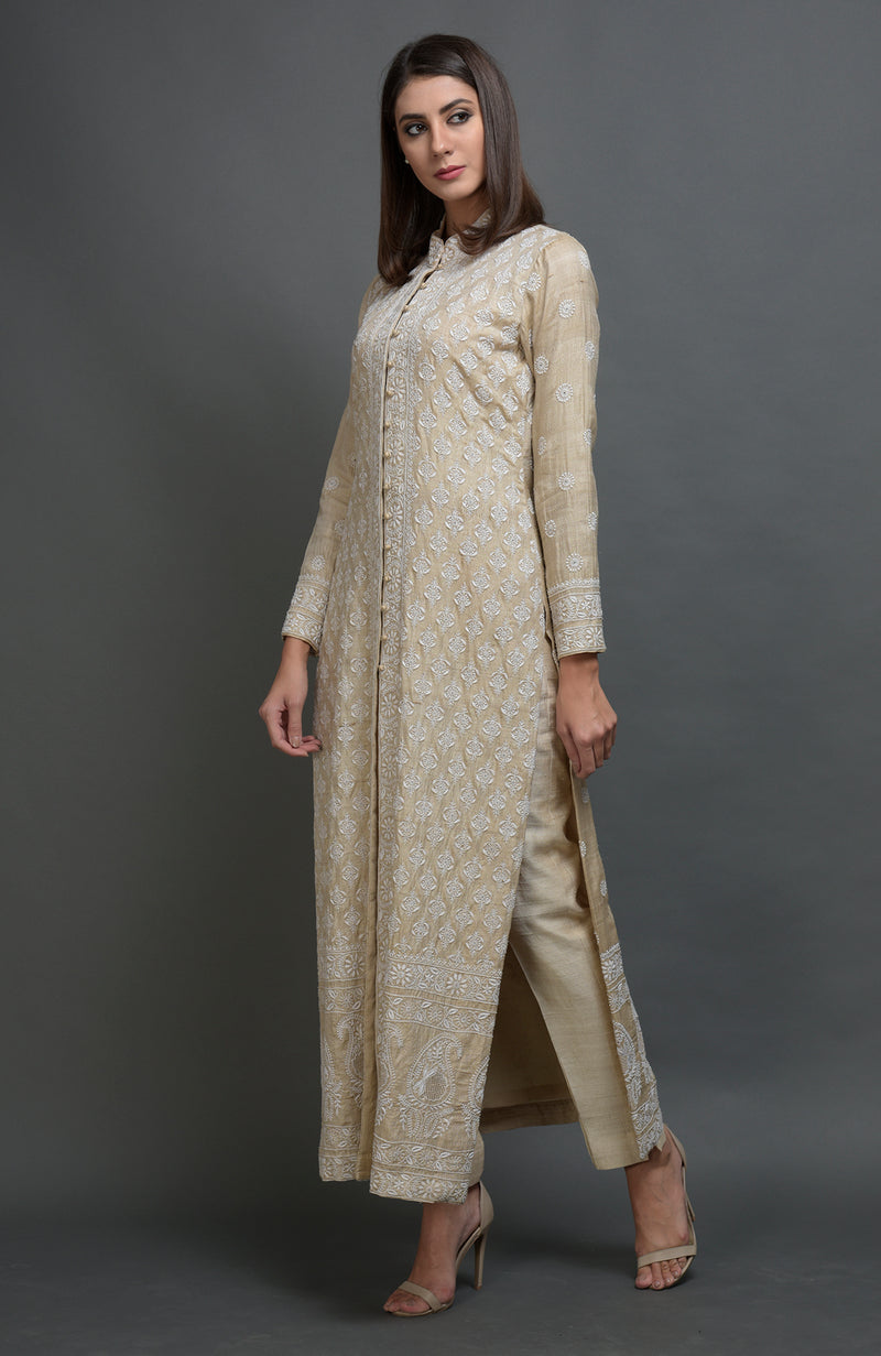 Champagne Beige Chikankari Embroidered Jacket Suit