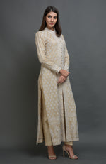 Champagne Beige Chikankari Embroidered Jacket Suit