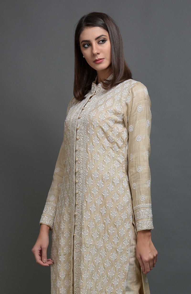 Champagne Beige Chikankari Embroidered Jacket Suit