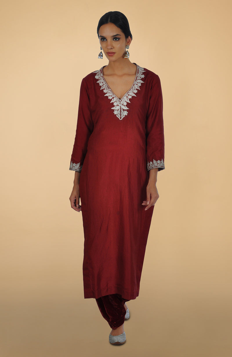 Burgundy Kashmiri Tilla Aari Embroidered Kurta Set