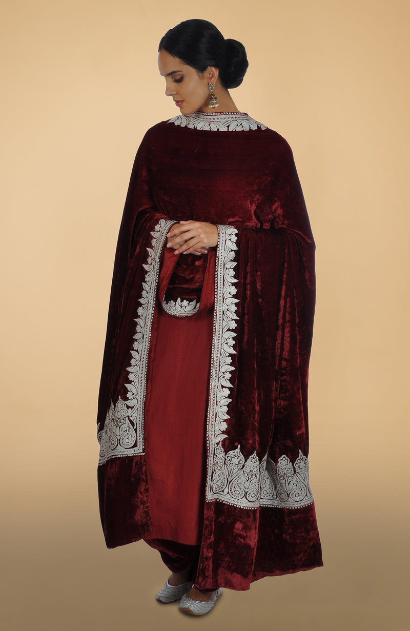 Burgundy Kashmiri Tilla Aari Embroidered Kurta Set