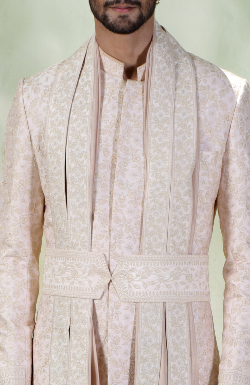 Unending Love Barely Pink Floral Embroidered Silk Sherwani Set