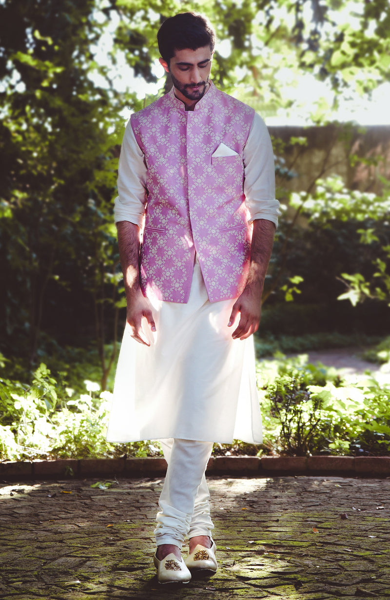 Onion Pink Floral Embroidered Silk Bandi Jacket Set