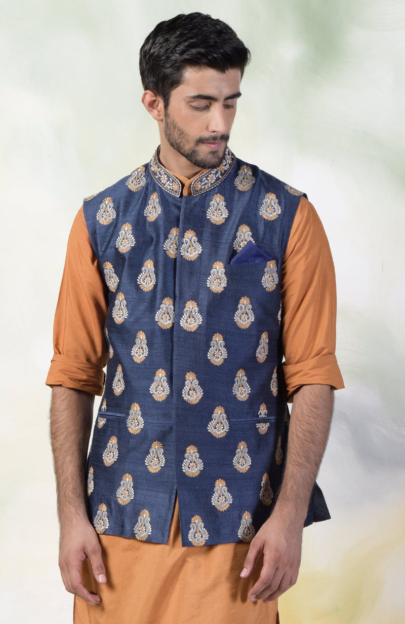 Navy Blue Floral Embroidered Silk Bandi Jacket - Talking Threads