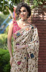 Masterpiece Cream Floral Parsi Gara Hand Embroidered Saree