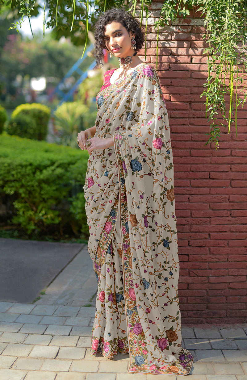 Masterpiece Calendula Floral Parsi Gara Hand Embroidered Saree