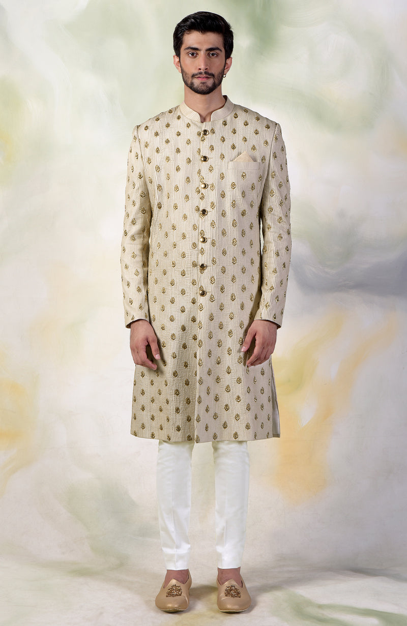 Cream Pintuck Zardozi Embroidered Sherwani Set