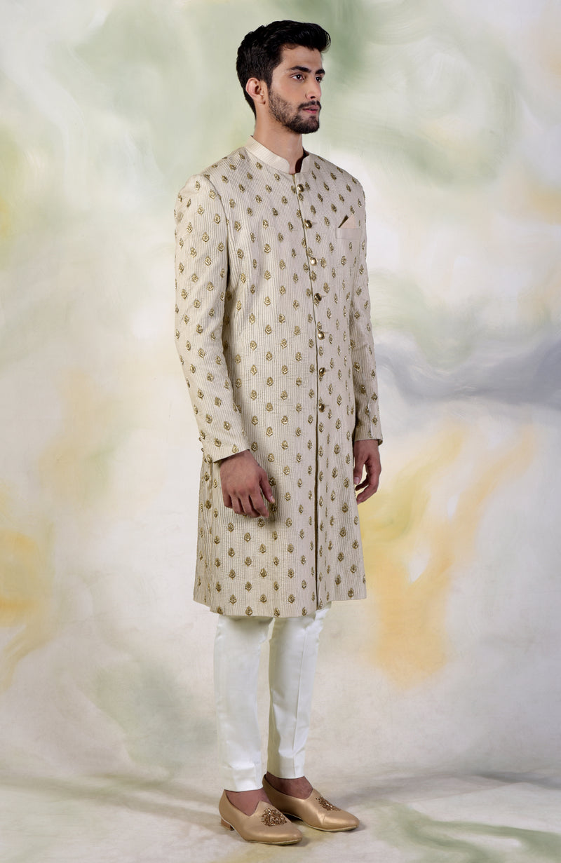 Cream Pintuck Zardozi Embroidered Sherwani Set