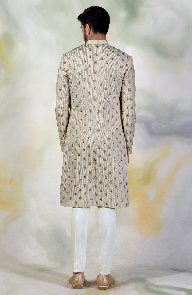 Cream Pintuck Zardozi Embroidered Sherwani Set