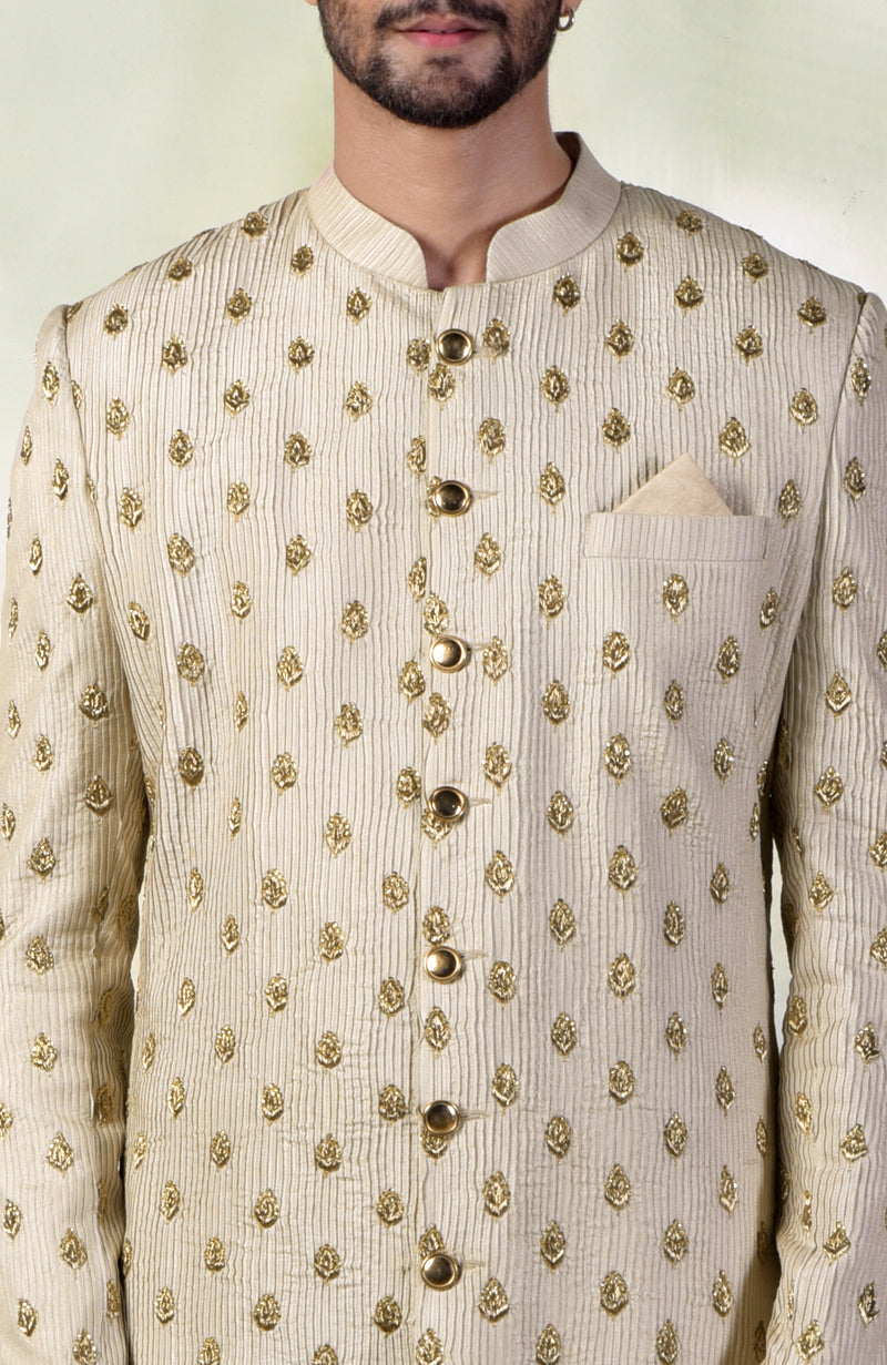 Cream Pintuck Zardozi Embroidered Sherwani Set