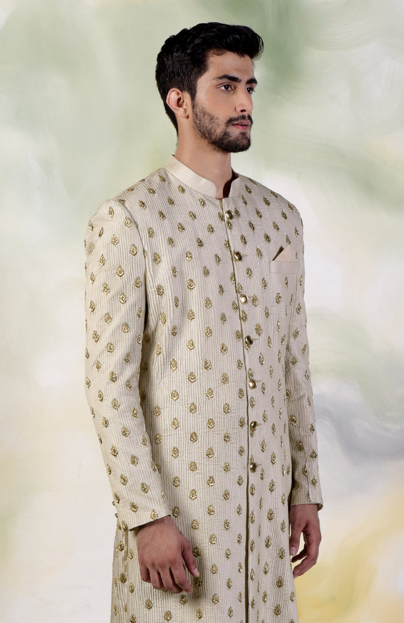 Cream Pintuck Zardozi Embroidered Sherwani Set