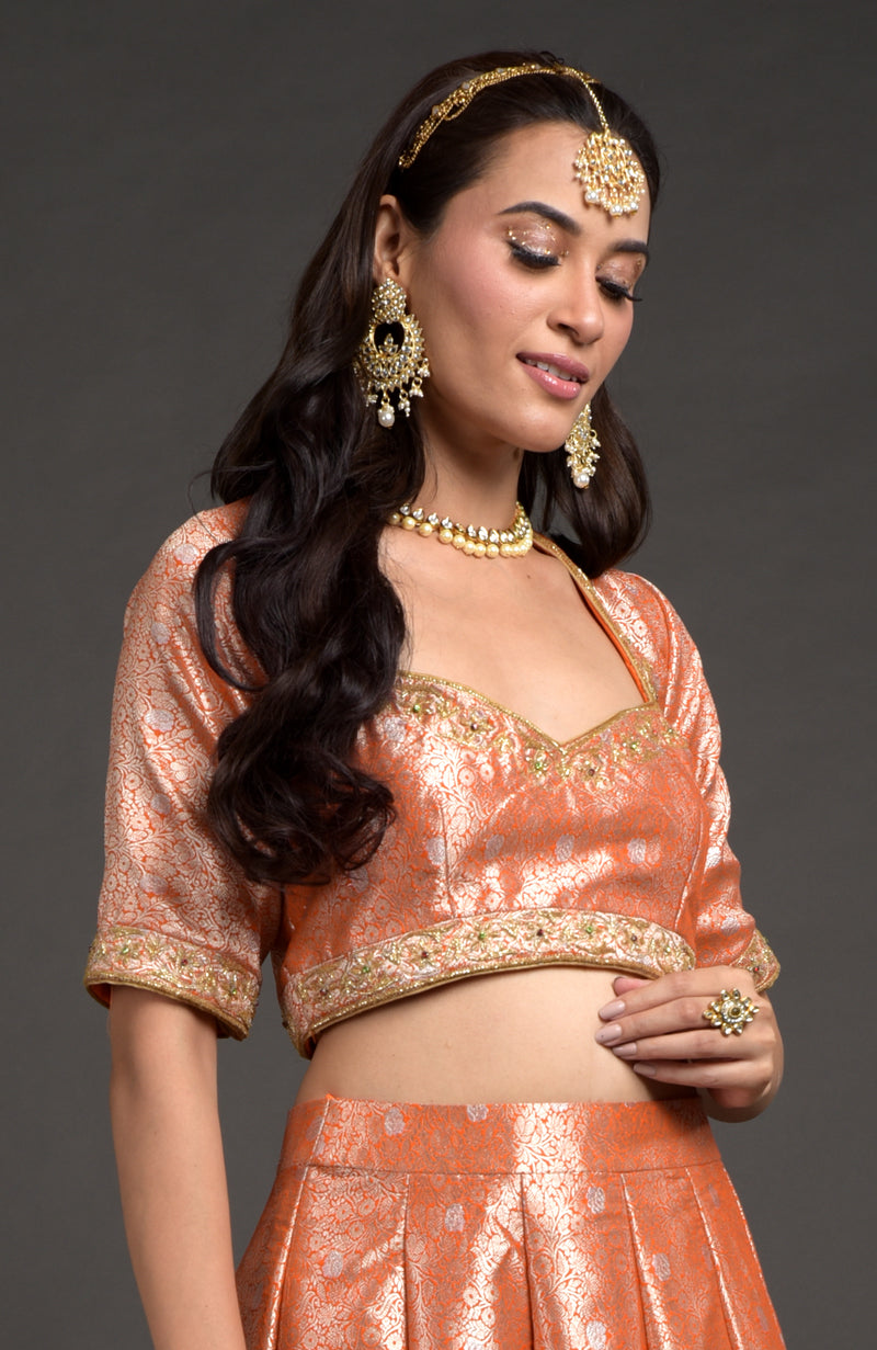 Orange Benarasi Weave Zardozi Embroidered Blouse