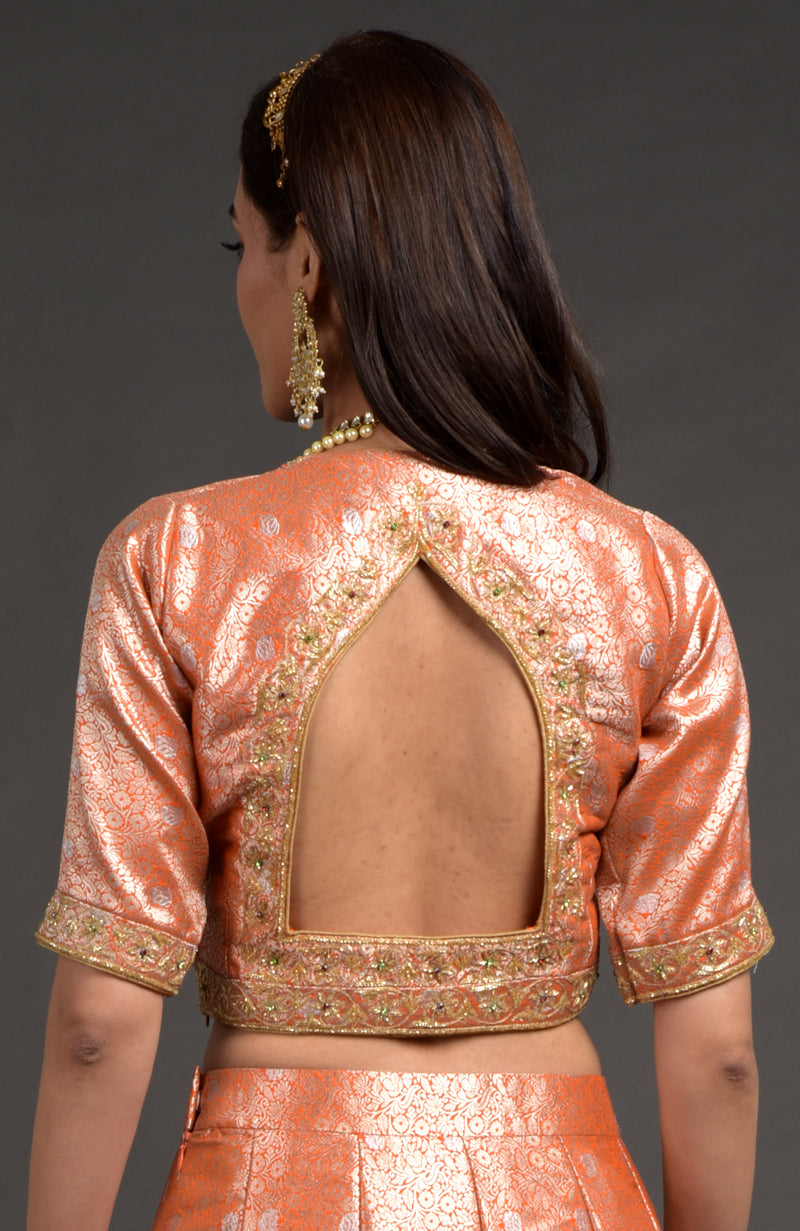 Orange Benarasi Weave Zardozi Embroidered Blouse