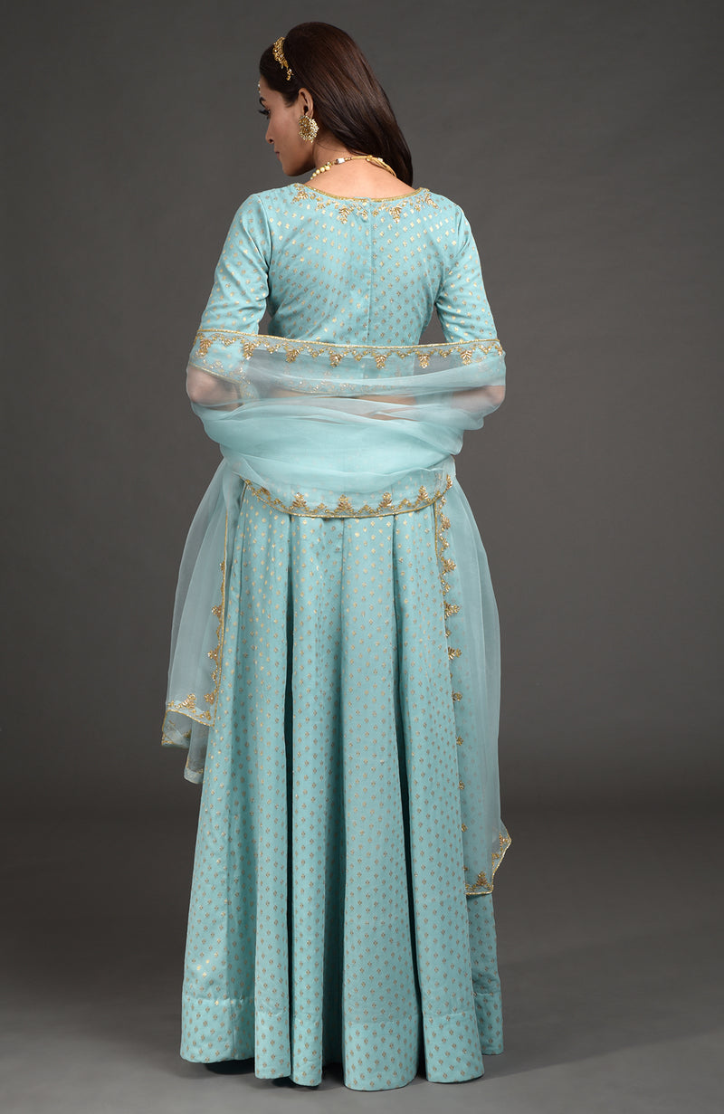 Aqua Haze Benarasi Weave Zardozi Embroidered Lehenga Set