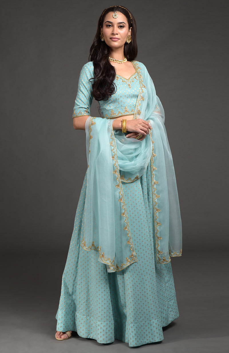 Aqua Haze Benarasi Weave Zardozi Embroidered Lehenga Set