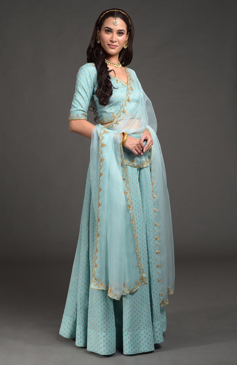 Aqua Haze Benarasi Weave Zardozi Embroidered Lehenga Set