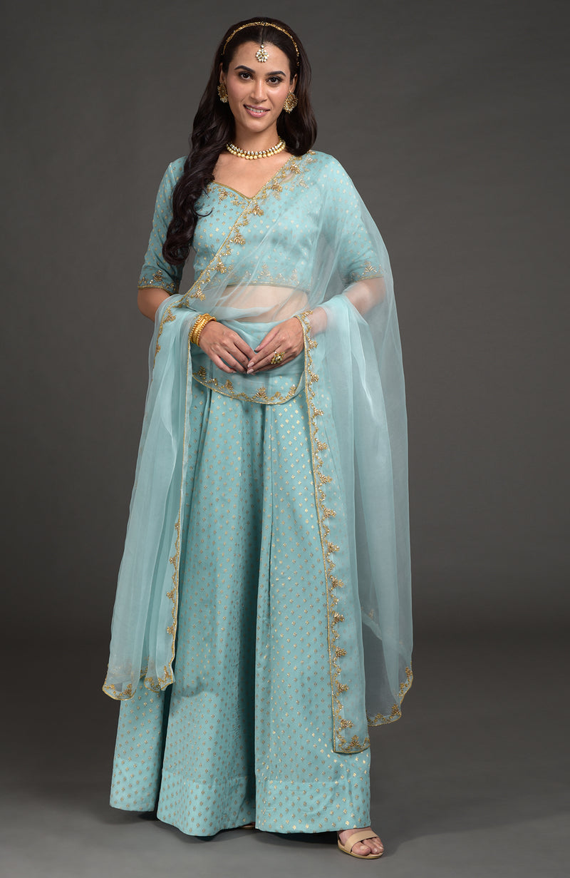 Aqua Haze Benarasi Weave Zardozi Embroidered Lehenga Set
