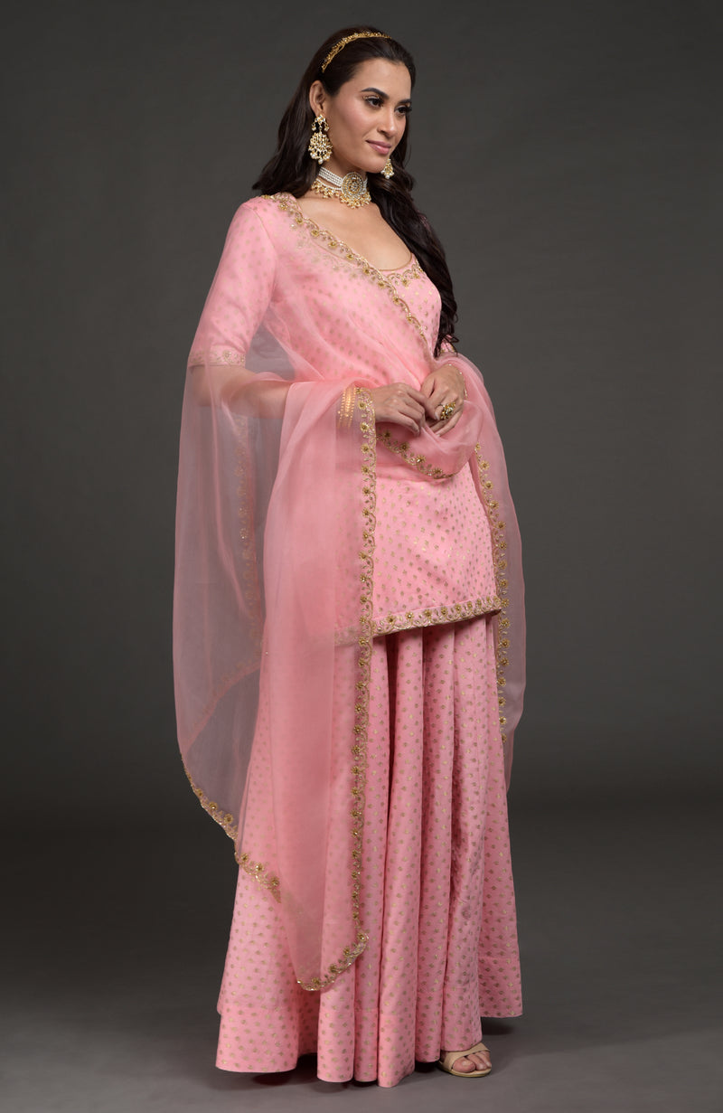 Strawberry Pink Benarasi zardozi embroidered lehenga set