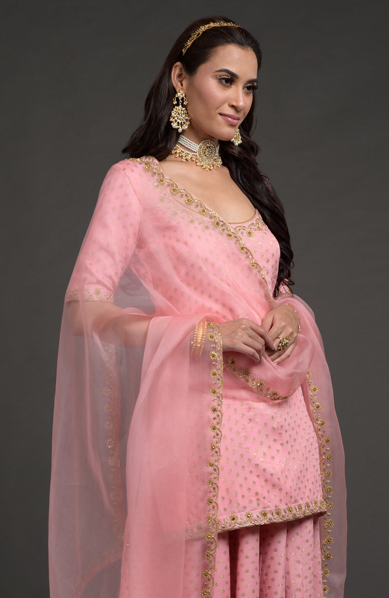 Strawberry Pink Benarasi zardozi embroidered lehenga set