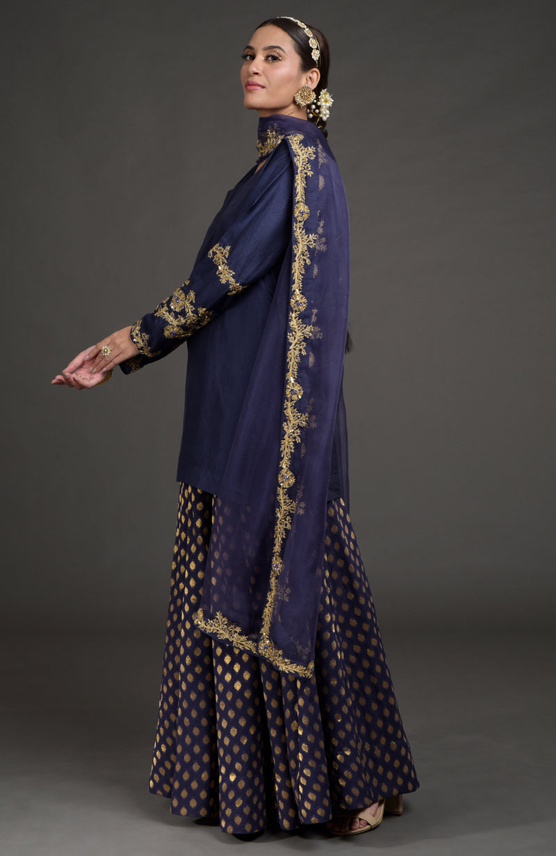 Eclipse Blue Benares Weave Zardozi Embroidered Lehenga Set