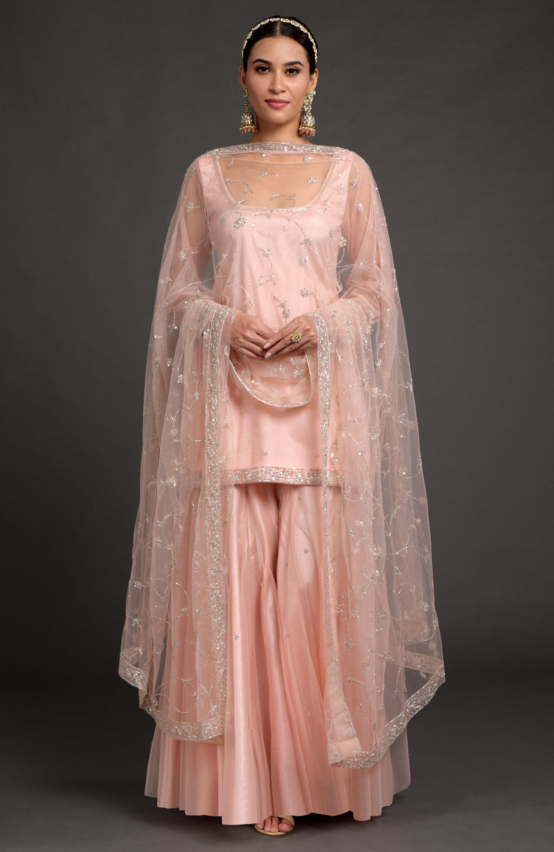 Nude Pink-Gold Zardozi Beads & Sequin Hand Embroidered Dupatta