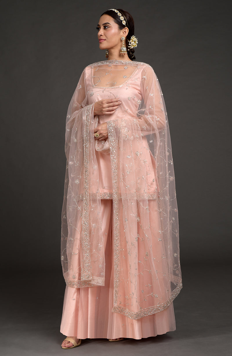 Nude Pink-Gold Zardozi Beads & Sequin Hand Embroidered Dupatta