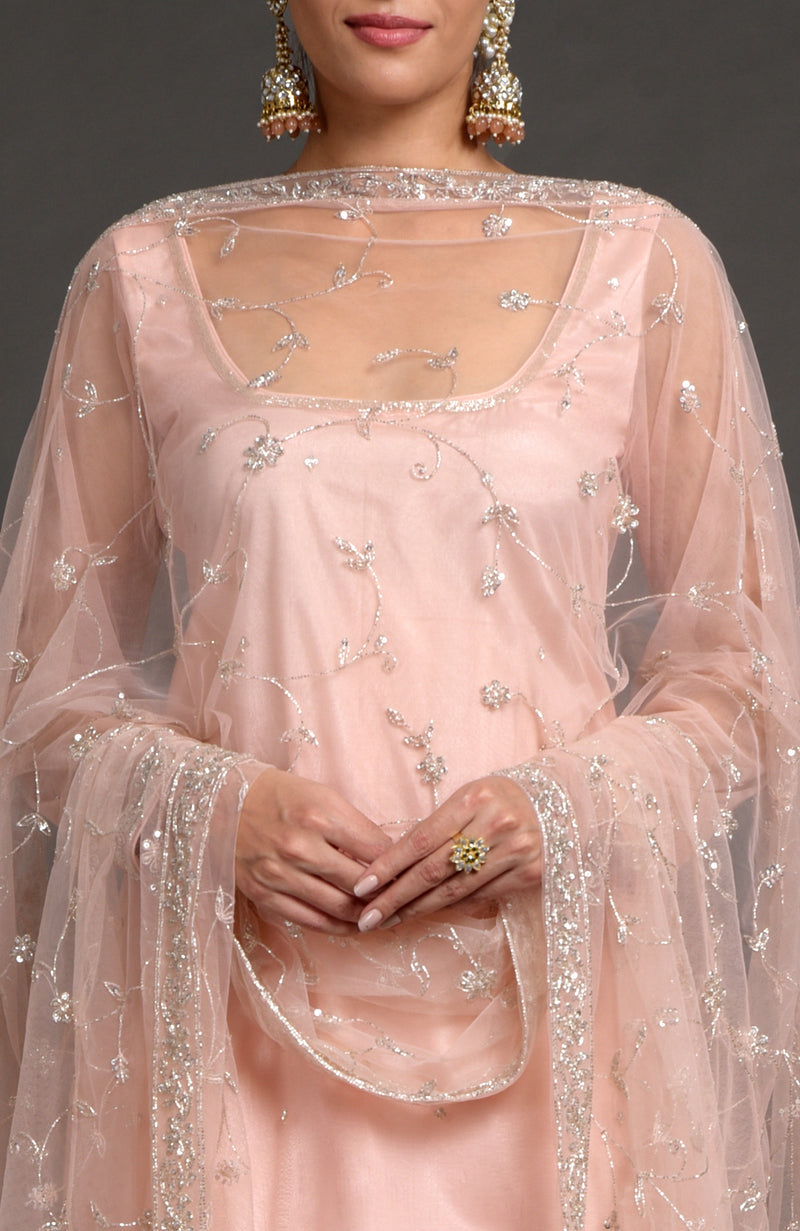 Nude Pink-Gold Zardozi Beads & Sequin Hand Embroidered Dupatta