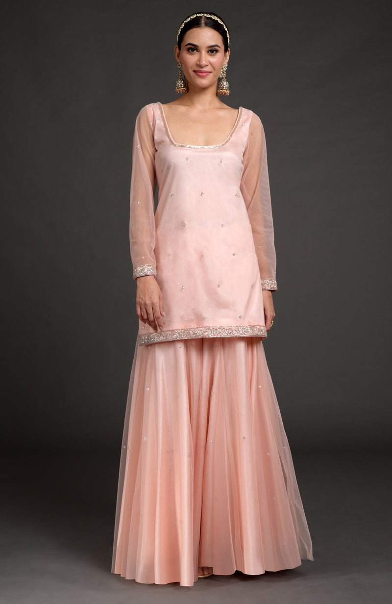 Nude Pink Zardozi Embroidered Tulle Sharara Set