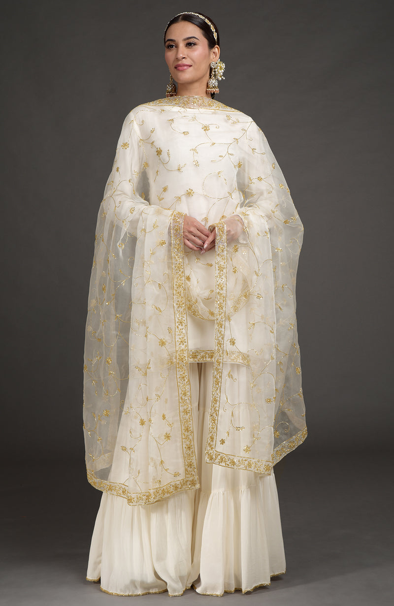 Ivory Zardozi Bead And Sequin Hand Embroidery Gharara Set