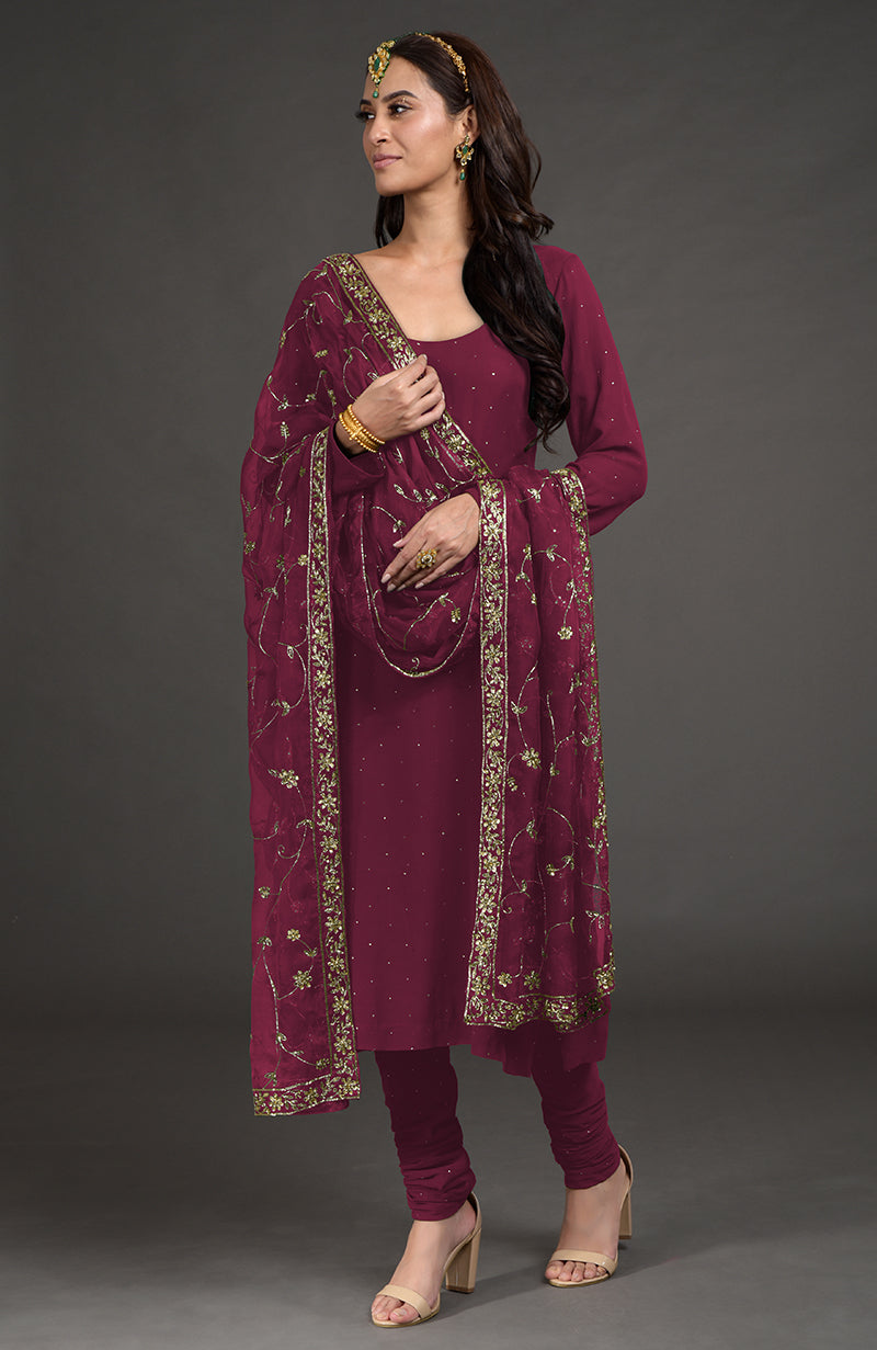 Wine Mukaish- Zardozi Embroidered Kurta Set